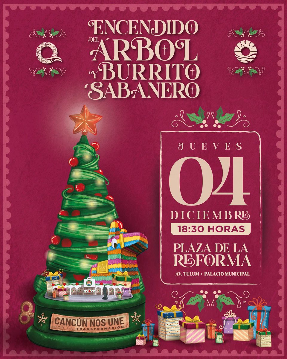 Cancunenses, encendamos unidas y unidos nuestro tradicional Árbol Navideño 🎄 y el Burrito Sabanero 🪅.

Nos vemos este jueves 4 de diciembre, a las 18:30 hrs., en la Plaza de la Reforma, frente al Palacio Municipal…
(1/2)