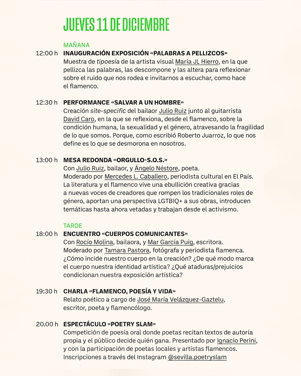 FlamencoLeeFest's tweet photo. 👀 ¡Échale un ojo a toda nuestra programación!

📅 Los próximos días 11 y 12 de diciembre: en Sevilla nos sumergimos en lo más jondo del flamenco y la literatura a través de sus protagonistas.

📍 @CICUS_ 

#FlamencOlee @ederecom @culturagob @saraarguijo @Nurialupi https://t.co/CeDXeGtqbQ