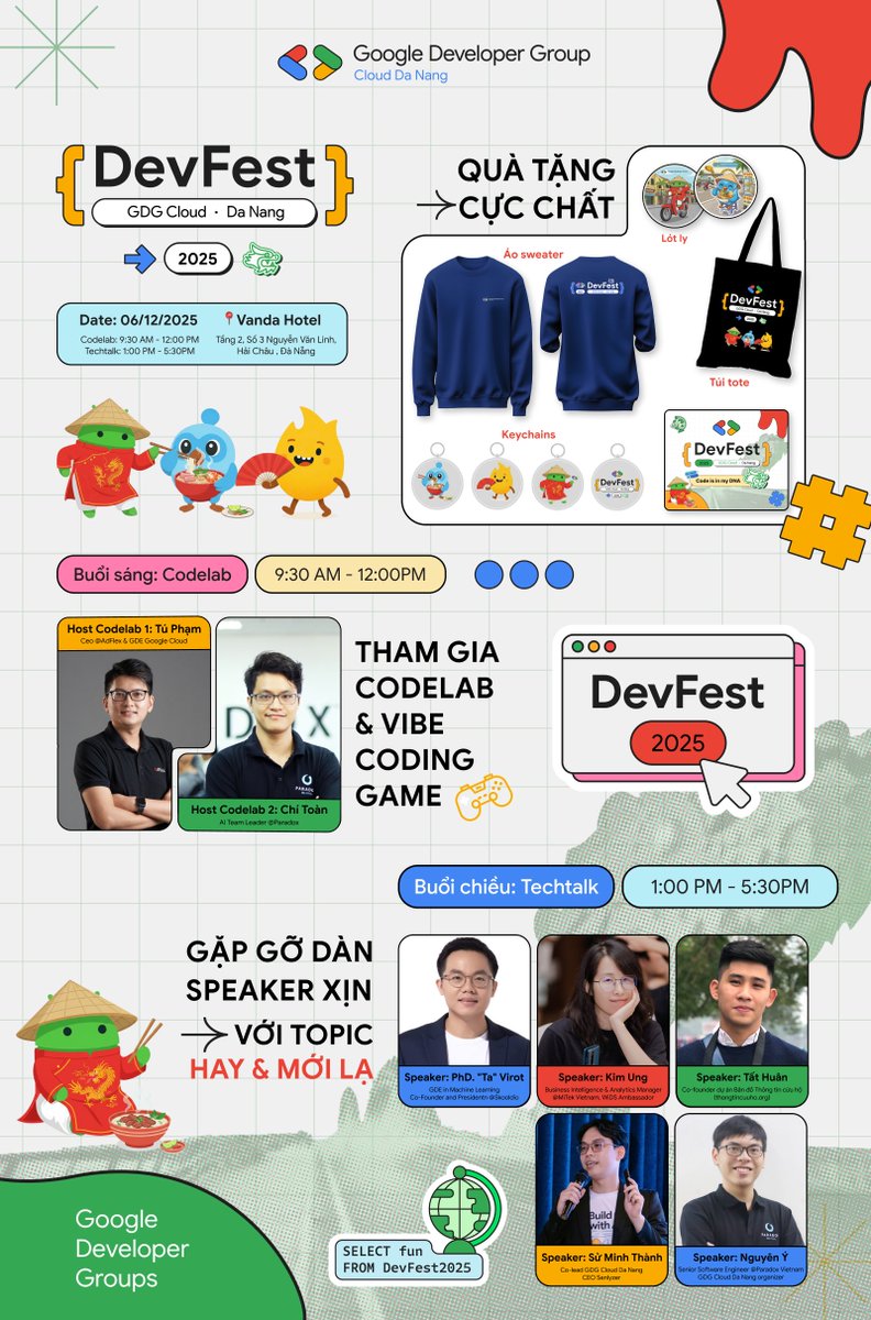 GDGCloudDaNang's tweet photo. Grab cool free SWAG, enjoy great sessions with us
- Time: Saturday, 06/12/2025, 09:30 - 17:30
- Venue: 2nd Floor – Vanda Hotel, 3 Nguyễn Văn Linh, Da Nang
- Register now: https://t.co/629UDmmYTb (click RSVP) https://t.co/nzWdjVxy6i