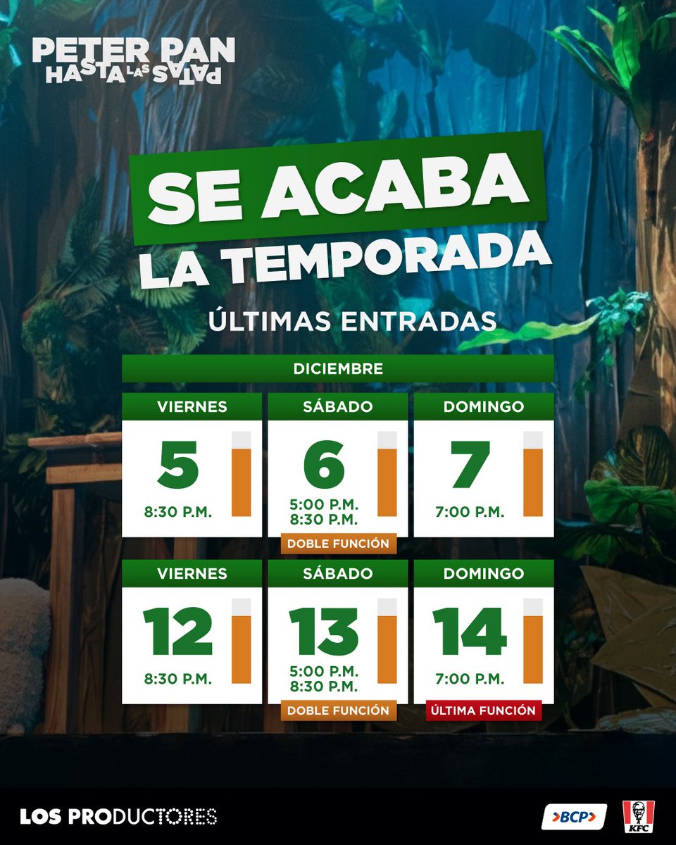 ¿PLANES PARA ESTE FERIADO LARGO? ❗️2 ÚLTIMAS SEMANAS❗️Se acaba la temporada de #PeterPanHastaLasPatas 🧚‍♀️ con ❗️ÚLTIMAS ENTRADAS❗️

Compra tus entradas con tiempo y no te pierdas esta comedia 🔥🚨 LAS ENTRADAS ESTÁN VOLANDO🚨
*Apta para mayores de 14 años

📅 De viernes a domingo