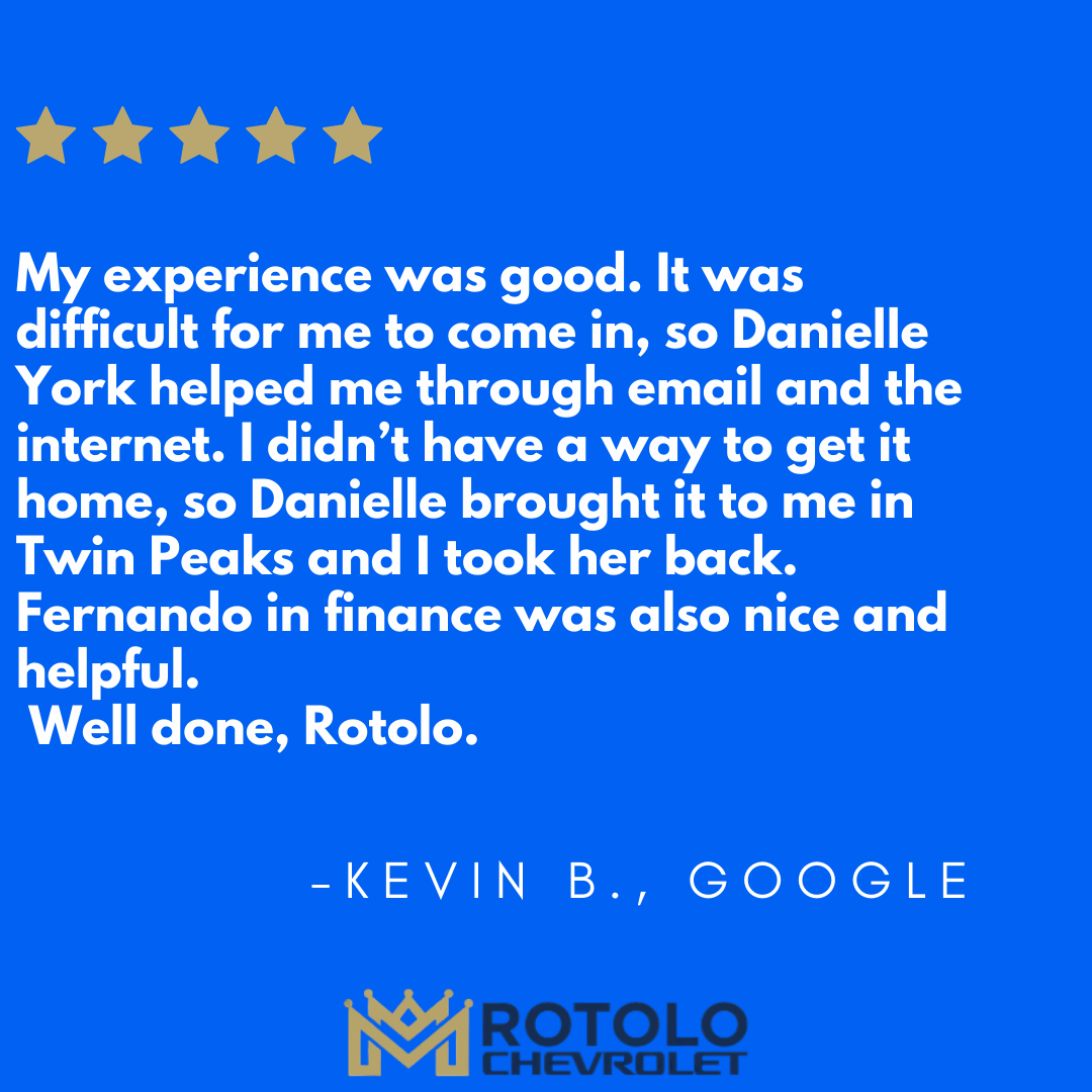 RotoloChevyCa's tweet image. Thank you, Kevin! We’re thrilled Danielle and Fernando provided excellent service at Rotolo Chevrolet. We’re glad Danielle could assist via email and go the extra mile by delivering your vehicle. We look forward to serving you again!