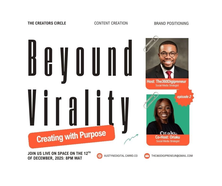 Hi guys, let’s meet on Twitter Space next week Friday on The Creators Circle.

Time: 8 PM WAT.