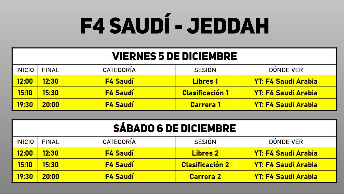 🏎️🇸🇦 Horarios F4 Saudí Jeddah

🔚 Final de temporada

#SaudiF4 #Jeddah