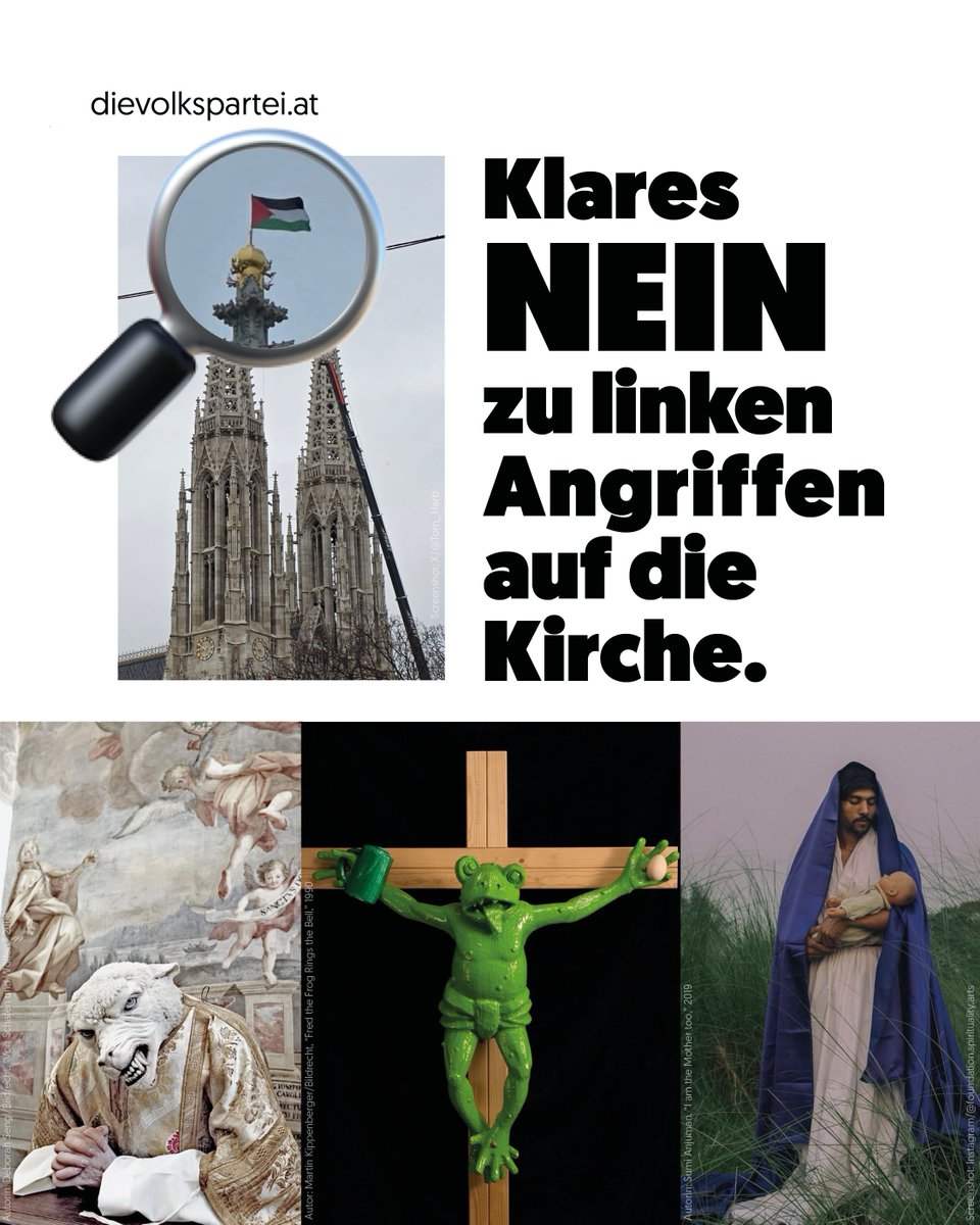 Die Darstellung der heiligen Mutter Maria als Transfrau, Palästina-Flaggen auf der Votivkirche, die Darstellung von Jesus Christus am Kreuz als Frosch. Das geht nicht. An alle Linken: Lasst unsere Religion in Ruhe. Religionsfreiheit hat ihre Grenzen – genauso wie die Freiheit der