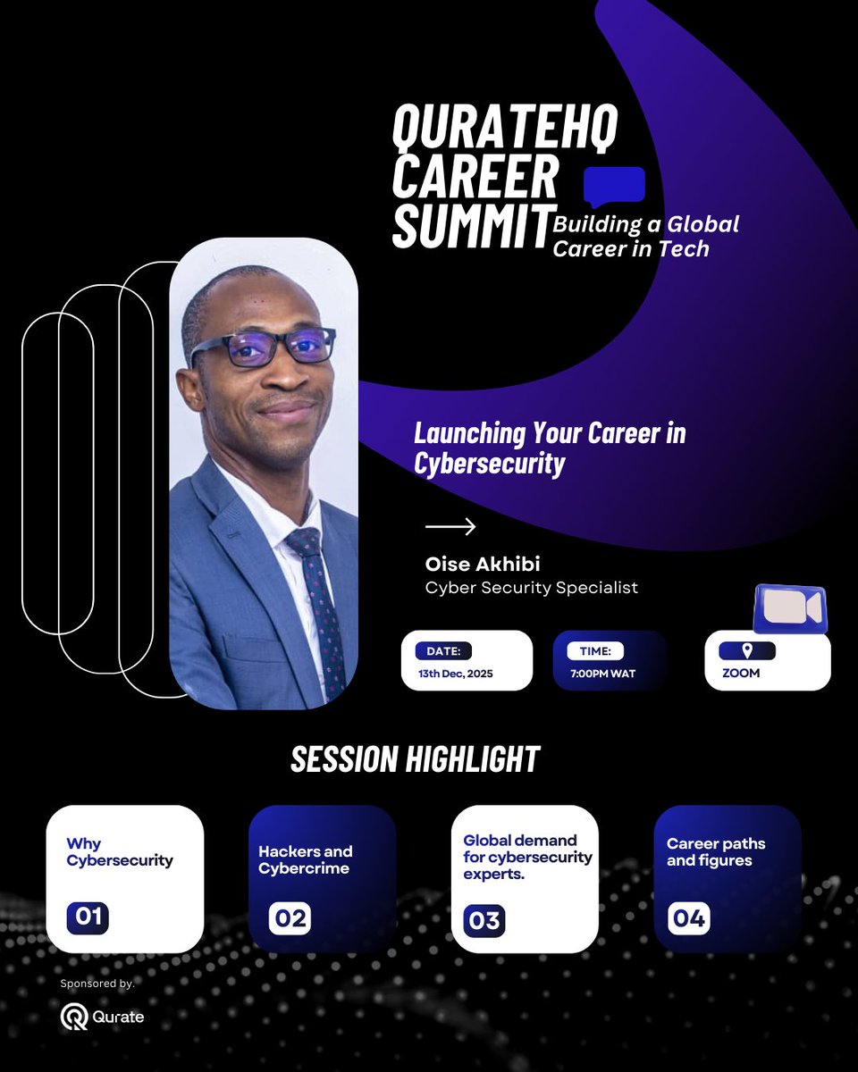 Quratehq's tweet photo. We're bringing you front-row access to the future of tech careers.
Next up at the #QurateHQCareerSummit is Oise Akhibi, a Cybersecurity Specialist.

Don’t miss this opportunity to explore one of the fastest-growing fields in global tech and get the insights you need to take your first step or level up.

👉 Register now and join the WhatsApp group for further details and updates: https://t.co/u9NwCLSBzS   

Let’s secure your future, literally. 
#QurateHQ #QurateHQCareerSummit #CybersecurityCareers #ITSecurity #DigitalSkills #GlobalCareer #ITSecurity #DigitalSkills