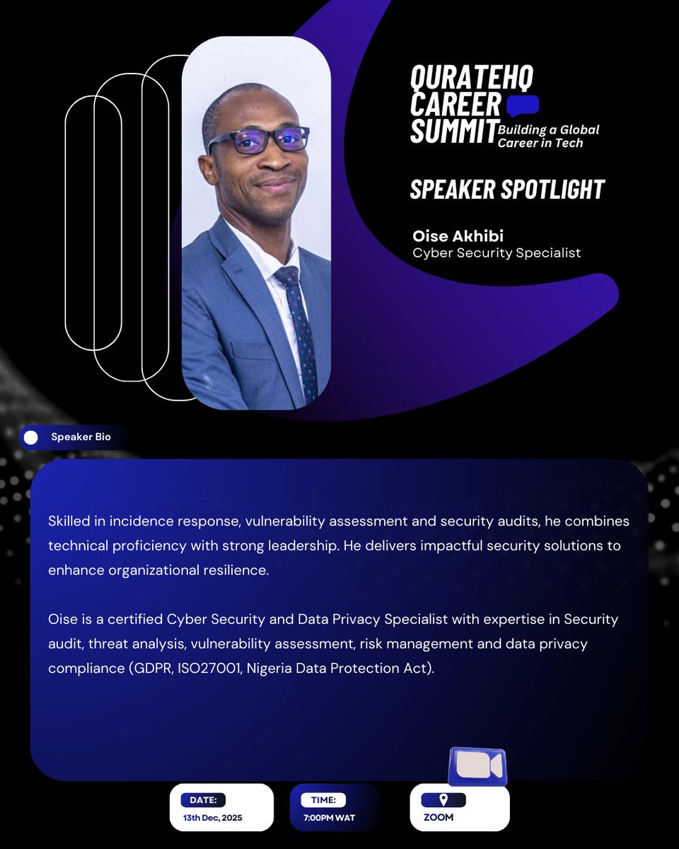 Quratehq's tweet photo. We're bringing you front-row access to the future of tech careers.
Next up at the #QurateHQCareerSummit is Oise Akhibi, a Cybersecurity Specialist.

Don’t miss this opportunity to explore one of the fastest-growing fields in global tech and get the insights you need to take your first step or level up.

👉 Register now and join the WhatsApp group for further details and updates: https://t.co/u9NwCLSBzS   

Let’s secure your future, literally. 
#QurateHQ #QurateHQCareerSummit #CybersecurityCareers #ITSecurity #DigitalSkills #GlobalCareer #ITSecurity #DigitalSkills
