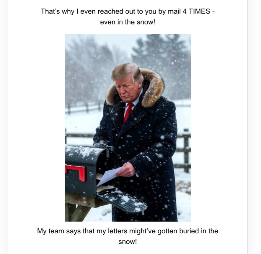 patriottakes's tweet image. Trump’s fundraising emails post AI images and fabricated stories