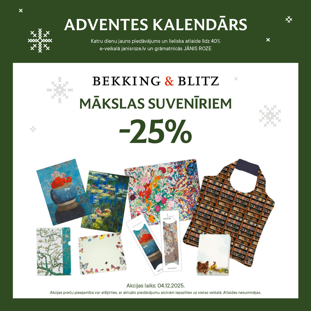 Veram vaļā mūsu Adventes kalendāra ceturto lodziņu! Tas iepriecinās mākslas mīļotājus –25% atlaide BEKKING &amp; BLITZ mākslas suvenīriem: shorturl.at/AN0sY Lai izdodas piemeklēt Ziemassvētku dāvanas draugiem un ģimenei un pie reizes iepriecināt sevi pašu! 🎄