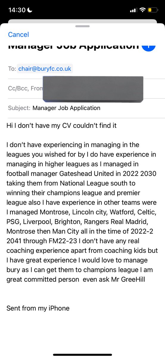 ArchieA36778612's tweet photo. Got bored so applied for the @buryfcofficial 

Hopefully my @FootballManager record is good enough #bored #football https://t.co/3nVuMKEiCn