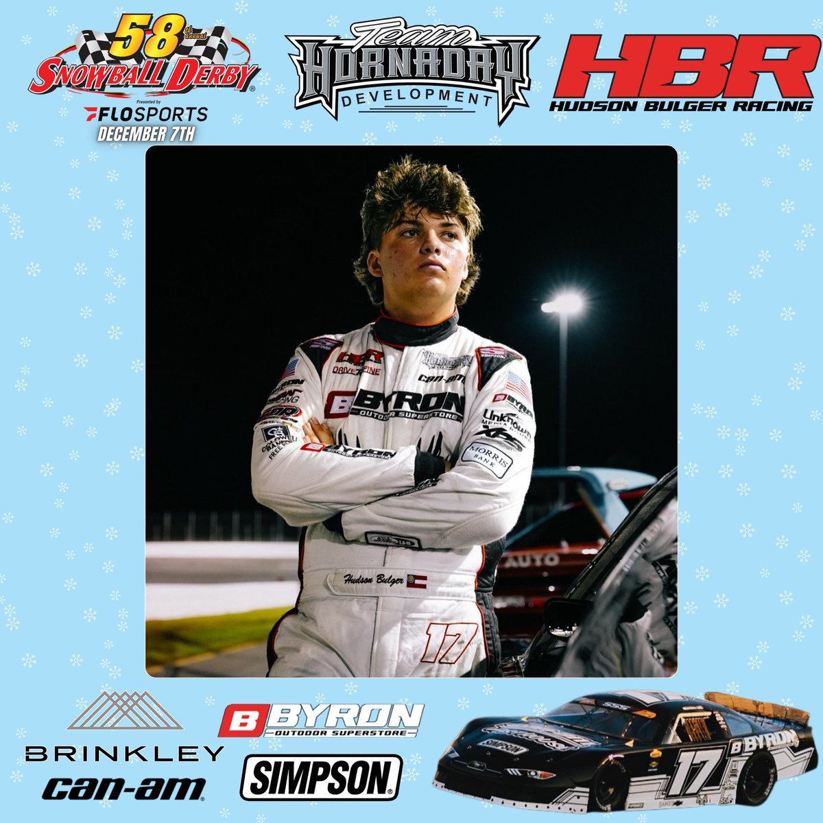 Hudson Bulger will be competing in the 58th annual Snowball Derby this Sunday (12/7) at 5 Flags Speedway!

Bulger will pilot the No. 17 Byron Outdoor Superstore machine in his first Snowball appearance!

All coverage is being streamed live on FloRacing!

#TeamHornaday
