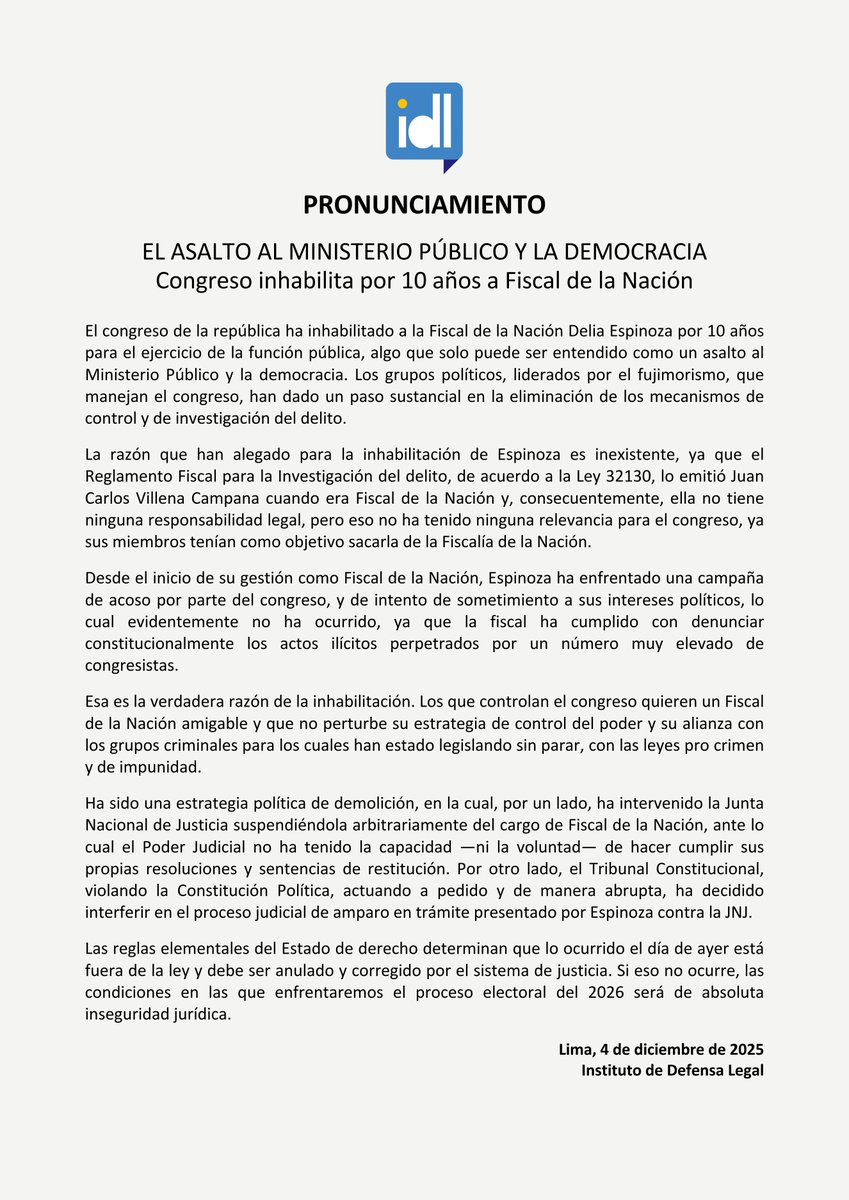Ideele's tweet image. #IDL PRONUNCIAMIENTO: El asalto al Ministerio Público y la democracia