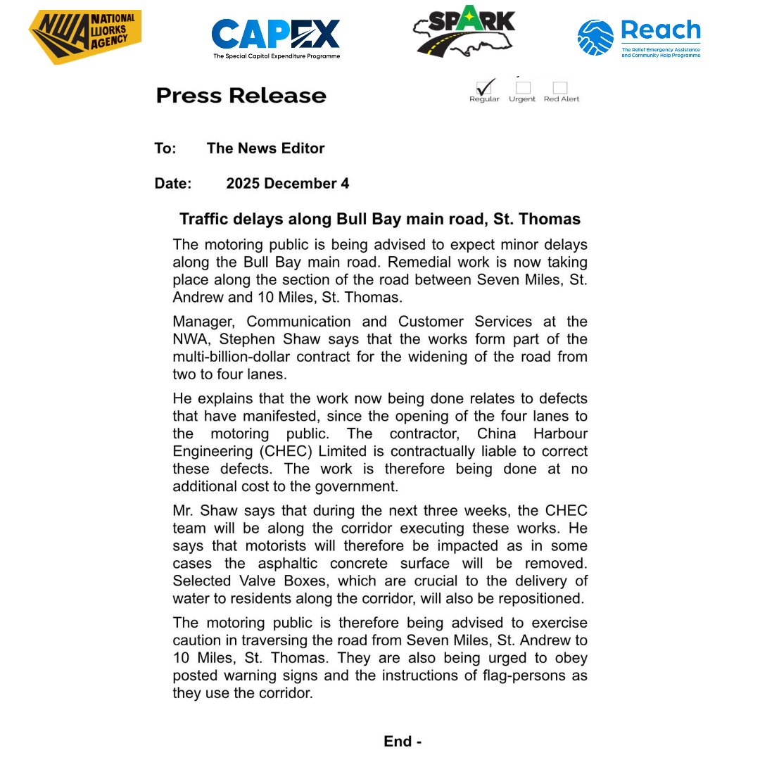 #NWAUPDATE Traffic delays expected along the Bull Bay main road in St. Thomas, due to repairs taking place along the corridor as part of the  Southern Coastal Highway Improvement Programme (SCHIP) 🚧⚒️

#nwajamaica 
#SCHIP