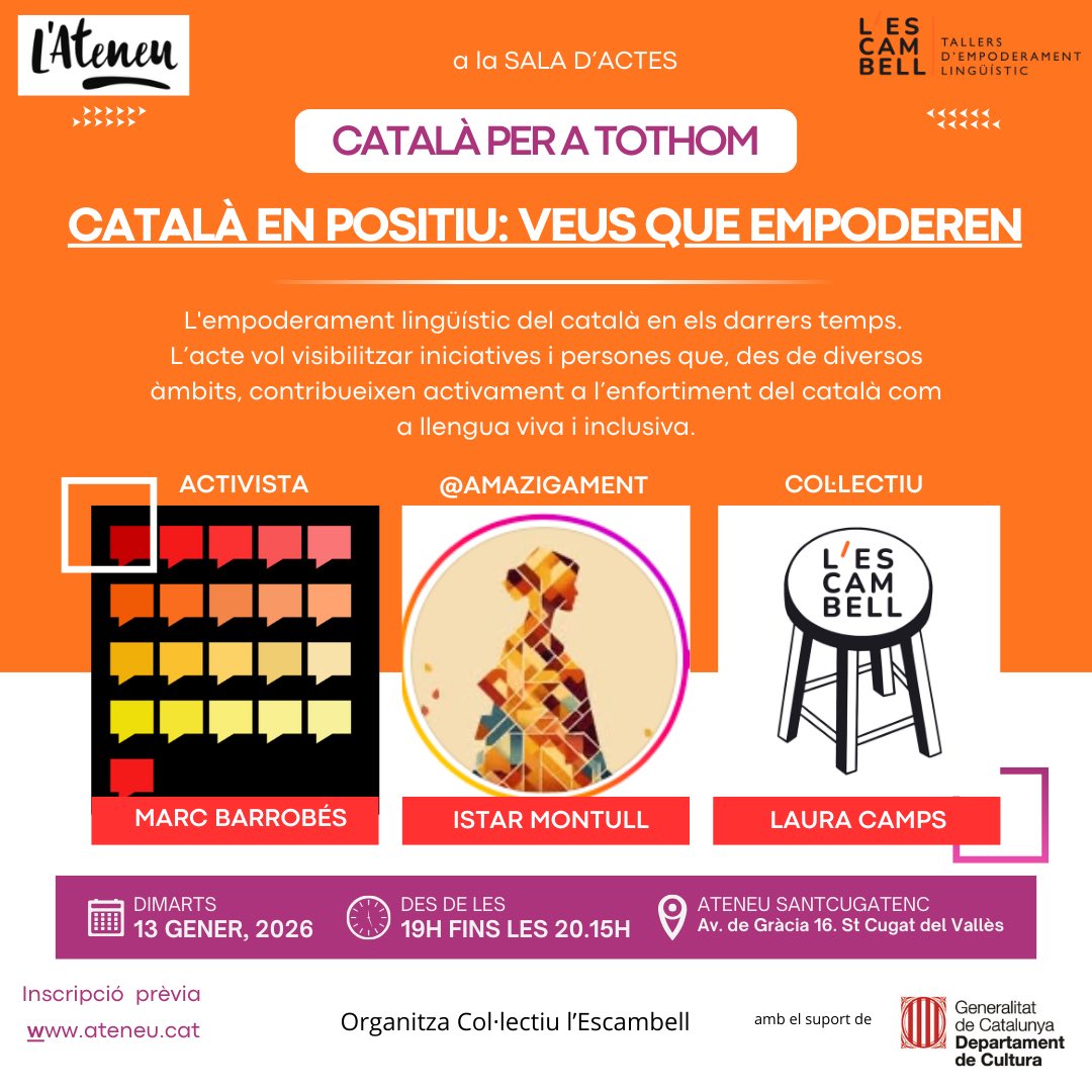 Dins la programació de Català per a tothom de <a href="/Ateneu/">Ateneu Santcugatenc</a> organitzem la taula rodona “Català en positiu: veus que empoderen”. Bones pràctiques, reflexions i brindis sense alcohol. Amb el suport del Dept. de Cultura.
Info al cartell i reserva aquí: ateneu.cat/catala-tothom-…