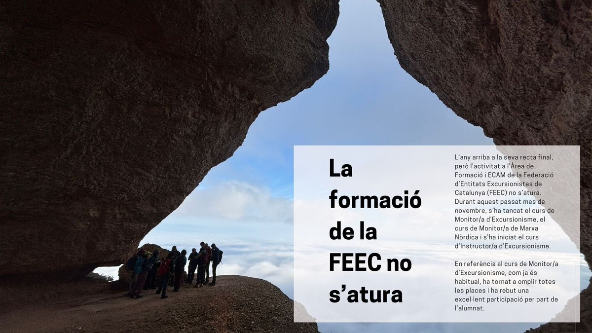 🧑‍🏫⛰️ La formació de la #FEEC no s’atura.

Al novembre, s'han tancat els cursos federatius de Monitor/a d'Excursionisme i de Marxa Nòrdica, i s'ha iniciat el d'Instructor d'Excursionisme.

🔗tuit.cat/lSpD2

#sentlamuntanya #sommuntanya #somformació