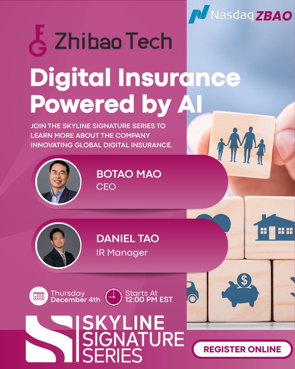 Happening today at 12 PM EST — there’s still time to register for our virtual Skyline Signature Series featuring Zhibao Technology Inc. (<a href="/Nasdaq/">Nasdaq</a>: $ZBAO).

Zhibao is shaping the future of digital insurance in China with its 2B2C embedded digital insurance model, technology-enabled