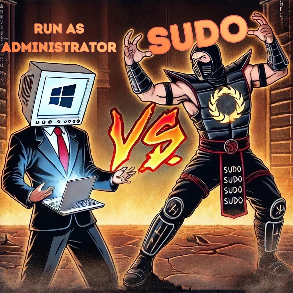 h3ll0h4ck3r's tweet image. Sudo: ‘I have the power!’ Run as Administrator: ‘Hold my UAC shield.’ Mortal Kombat style tech brawl incoming! Who’s your pick? ⚔️ @nixcraft @SwiftOnSecurity @techbromemes 
#TechHumor #linux #sysadmin