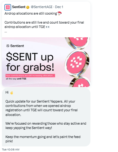 Datweb3guy's tweet image. few days ago i got a text from the sentient marketing team

they confirmed contributions are still counting toward final allocation all the way to tge

if you registered and stayed active, your work still matters
&amp;gt; yapping, sharing, contributing. it all adds up

so keep talking…