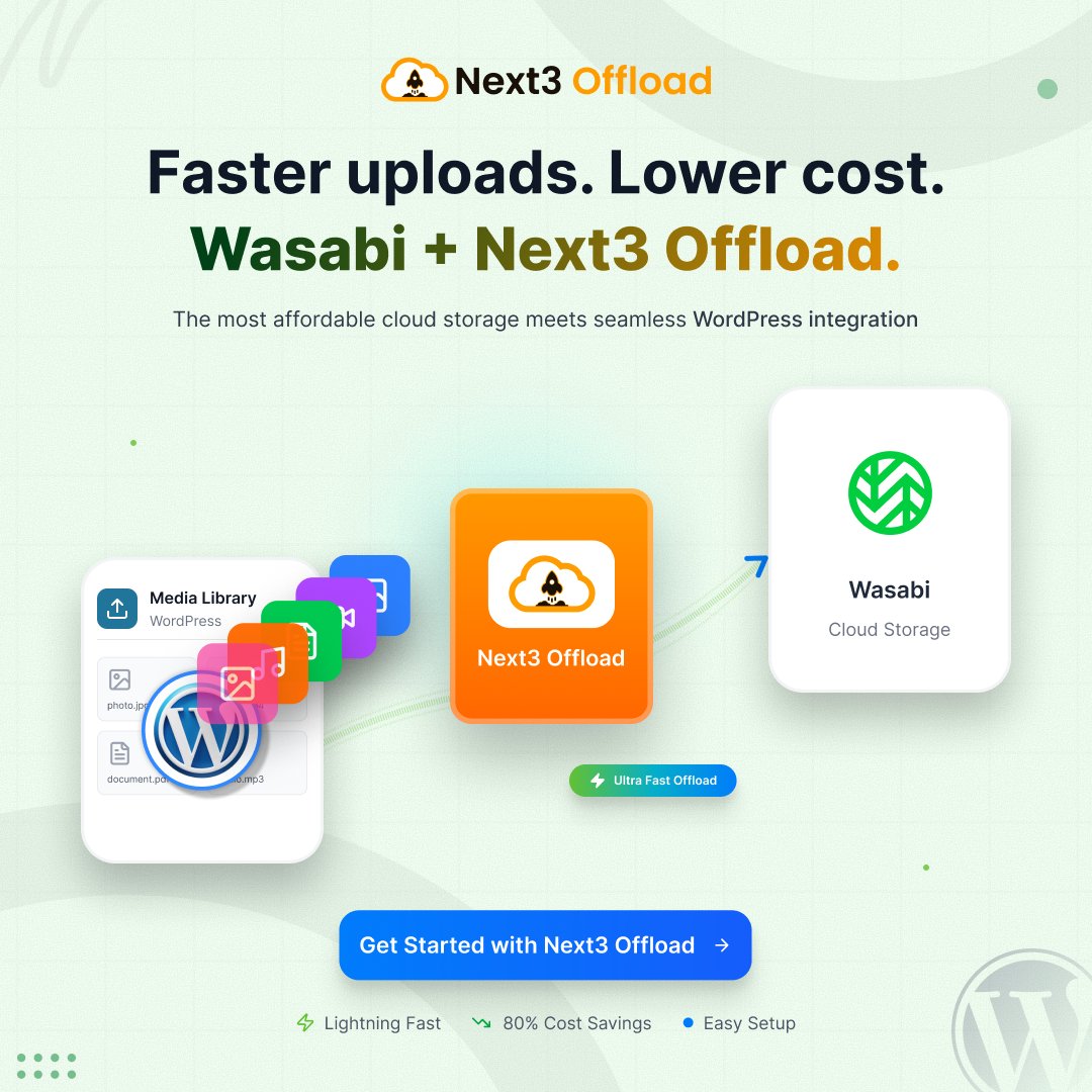 Next3Offload's tweet photo. Faster uploads. Lower cost. Wasabi + Next3 Offload = the perfect combo for boosting WordPress speed.
👉 Start optimizing your site today: https://t.co/f836zOivvL

#WordPress #Next3Offload #Wasabi #WebsiteSpeed #WPDeveloper #CloudStorage #WebPerformance https://t.co/9rvVPDgnbD