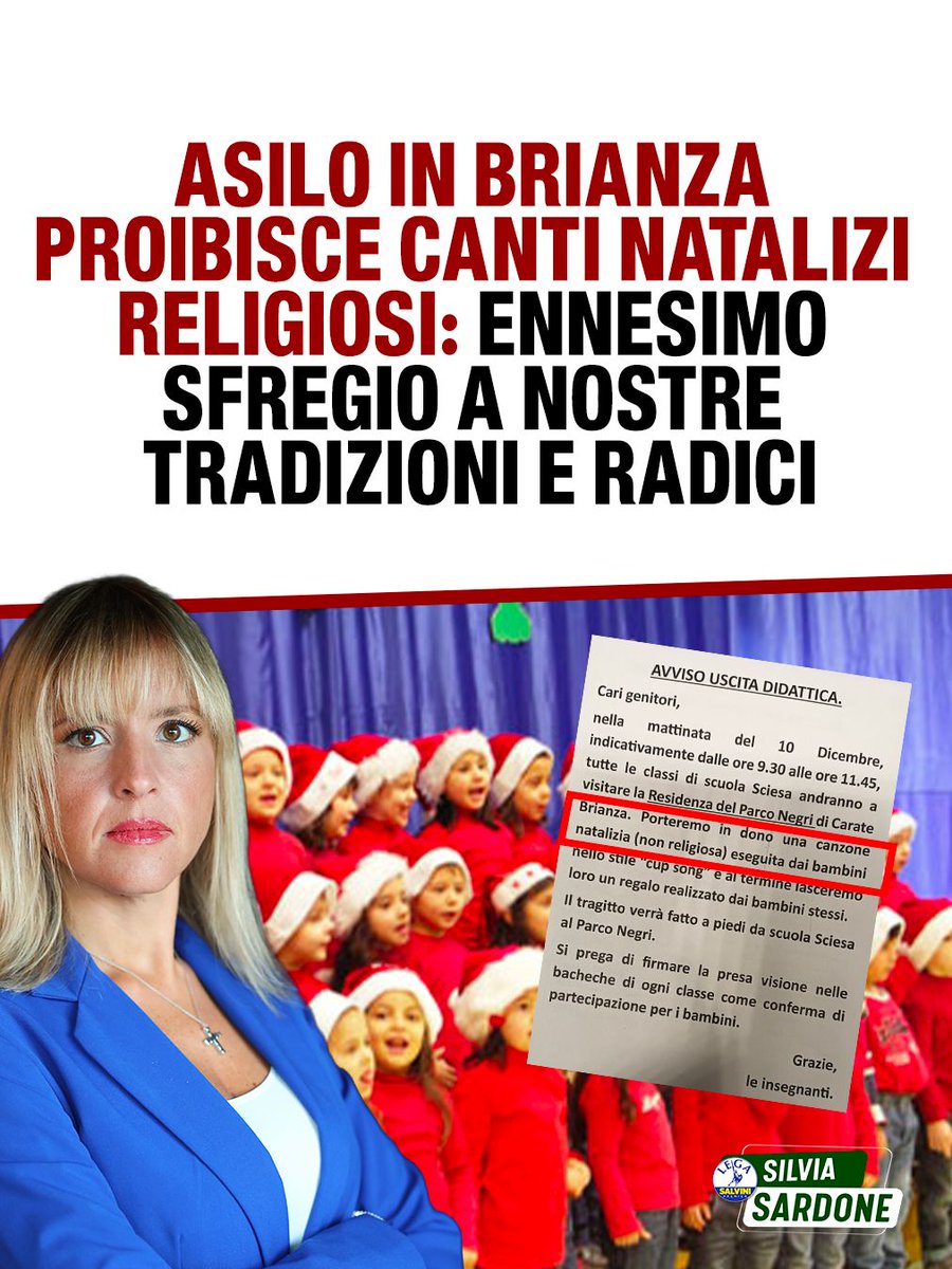 SardoneSilvia's tweet image. 🟥 A Carate Brianza, in provincia di Monza, un #asilo ha messo al bando i canti natalizi con riferimenti religiosi, così come si evince da una comunicazione ufficiale appesa nell’istituto che dà indicazioni su un evento in programma il prossimo 10 dicembre. Ma come può un testo