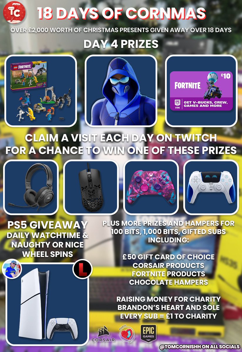DAY 4 OF CORNMAS - WE ARE LIVE🎅🔴 

Hide and Seek Tourney today! Only live for 3 hours today on Twitch!👀 Fortnite Lego Set, £10 Giftcard, Freediver Skin and a TON OF VBUCKS!🎁

TWITCH.TV/TOMCORNISHH