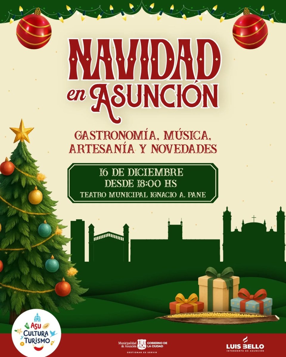 ✨ Estos elencos y artistas también se suman a la grilla del Festival NAVIDAD EN ASUNCIÓN.

📅 Martes 16 de diciembre
🕕 Desde las 18:00 h
📍 Teatro Municipal Ignacio A. Pane
Agendate y vení a celebrar el enorme talento de nuestra gente. 🎄🎶