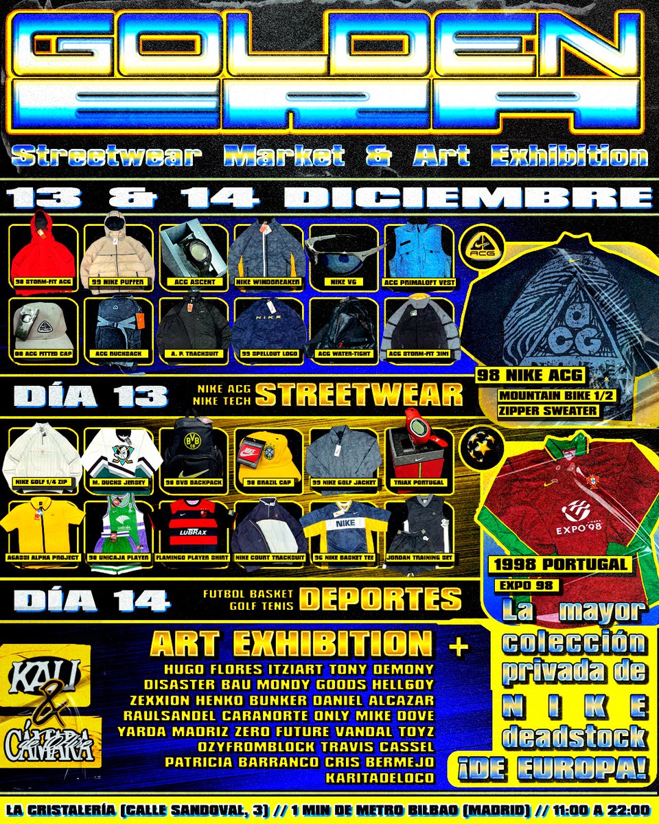itzrss's tweet image. GOLDEN ERA — 13 &amp;amp; 14 DICIEMBRE
La Cristalería, Madrid

La mayor colección de Nike deadstock de toda Europa (1995-2001), acompañado por una exposición con más de 20 artistas multidisciplinares tanto a nivel nacional como internacional ‼️ @hellboynosekien 

eventbrite.es/e/entradas-gol…