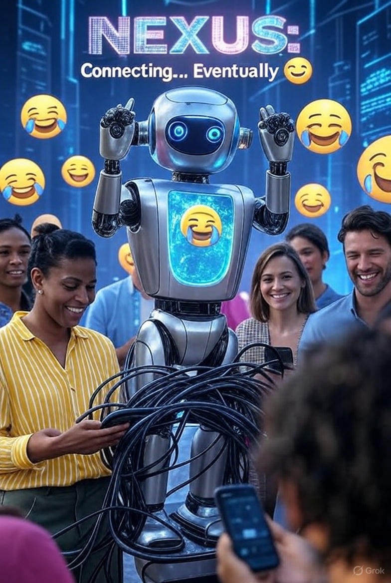 AnatoliiLun's tweet image. NEXUS is trying its best to connect… well, at least it’s trying 😄
Tech isn’t always smooth — sometimes it’s just cables and good vibes.
#NEXUS #TechHumor #ConnectingEventually #FutureTech #RobotLife