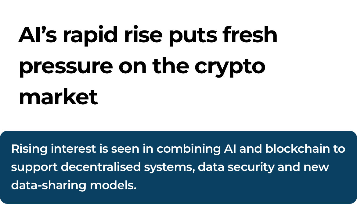 AI's rapid rise puts fresh pressure on the crypto market, with rising interest in combining AI and blockchain for decentralized systems, data security, and new data-sharing models.