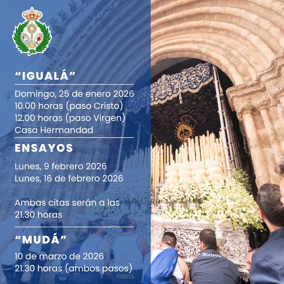 🔵 “IGUALÁ” CUADRILLAS DE COSTALEROS |

🗓 Nuestro capataz D. Rafael Ariza Moreno y su equipo, convoca a esta primera «igualá», a las cuadrillas tanto del Smo. Cristo de la Buena Muerte como de María Santísima de la Hiniesta, el próximo Domingo 25 de enero a las 10,00 Horas y
