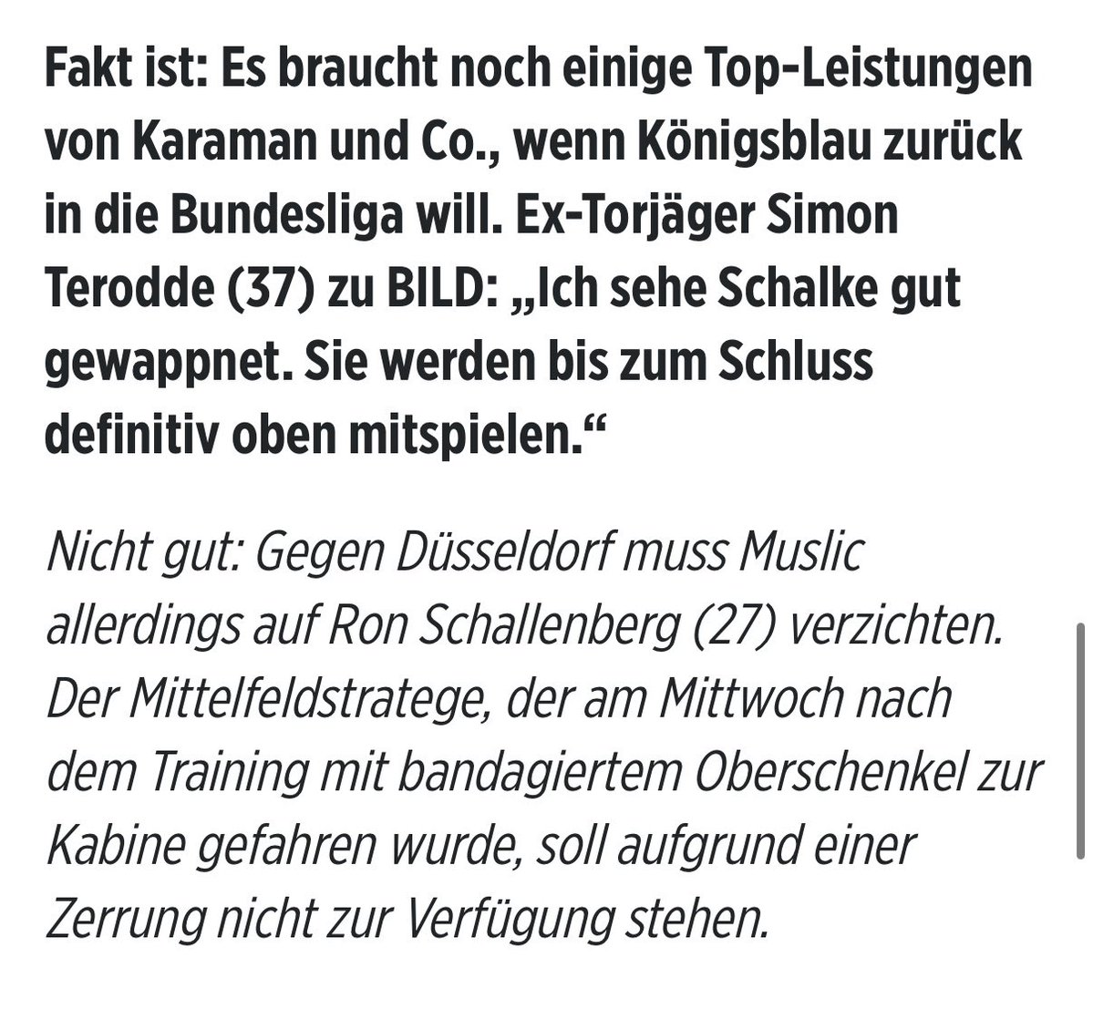 Bitter und schade. Laut der BILD wird Ron Schallenberg morgen mit einer Zerrung im Oberschenkel ausfallen. Könnte die Chance für Bachmann sein mal auf seiner Lieblingsposition im defensiven Mittelfeld zu spielen. #S04