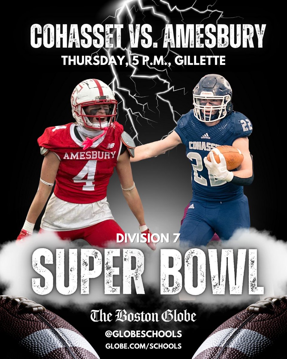 The <a href="/MIAA033/">MIAA</a> Super Bowls kick off tonight, starting with <a href="/CohassetSports/">Cohasset Sports</a> vs. <a href="/AmesburyFB/">Amesbury Redhawks Football</a> for D7 crown.

Cohasset remembers last meeting with Amesbury all too well going into Division 7 Super Bowl: bostonglobe.com/2025/12/02/spo…

A preview and prediction: bostonglobe.com/2025/12/02/spo…