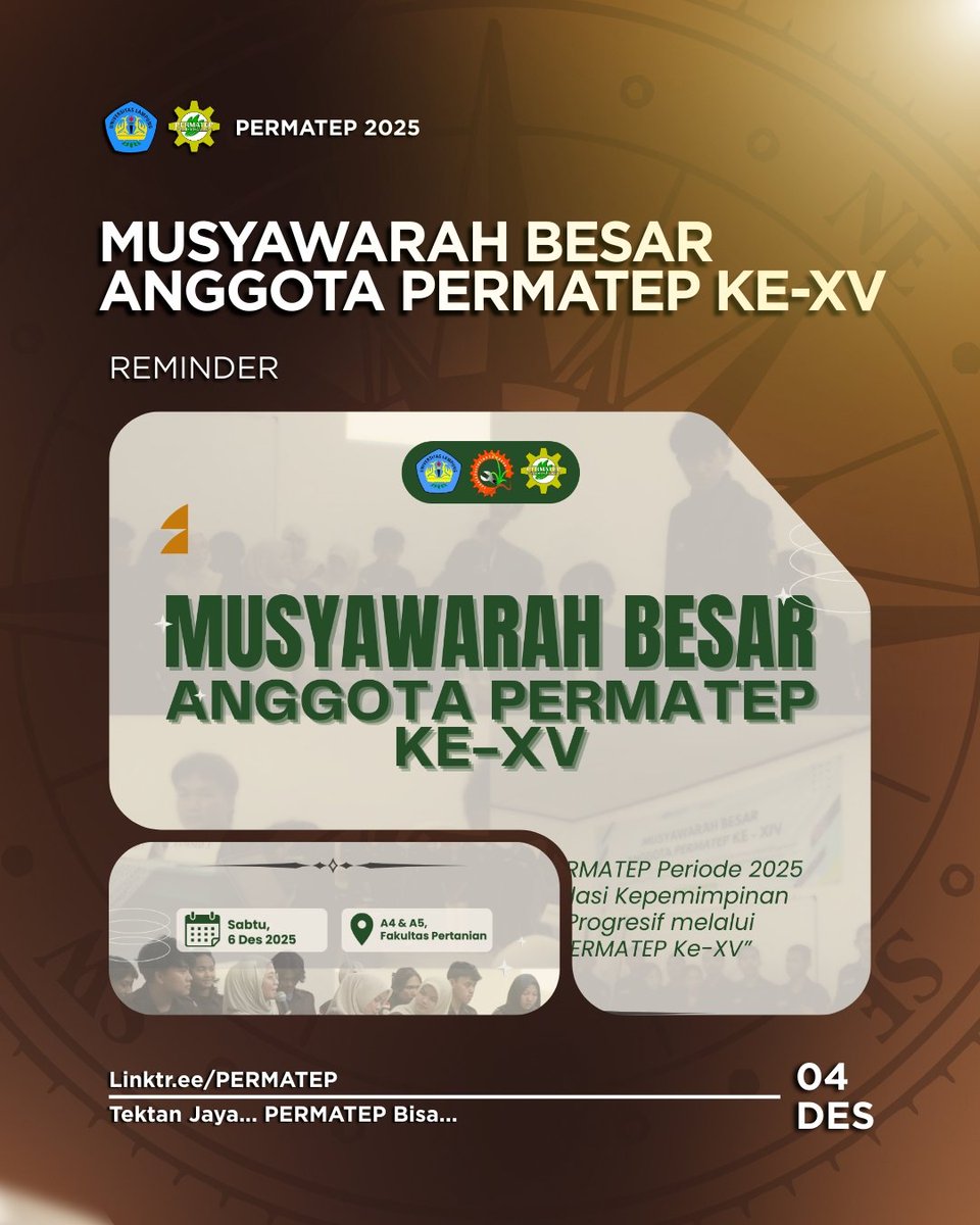 PERMATEPUNILA's tweet photo. [REMINDER]
•
Assalamu'alaikum wr. wb.
Mubes PERMATEP XV dilaksanakan:
🗓️06 Desember 2025
📍A4 &amp; A5 FP UNILA
Mohon doa dan dukungannya.
Wassalamu'alaikum wr. wb.
•
Instagram: @permatepunila
Tiktok: permatep
Youtube: PERMATEP unila
Whatsapp: PERMATEP
•
#Tektanjaya
#PERMATEPbisa https://t.co/Dhdes3DDGI