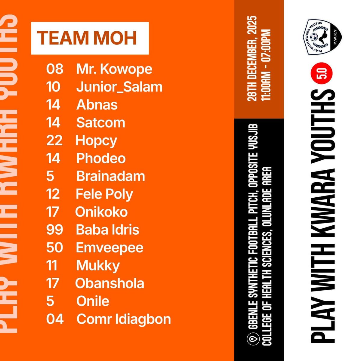 PWKY_SPORTS's tweet photo. Last year, they conquered. This year, they're coming to consolidate. Team MOH—the reigning football champions of PWKY 4.0.

Opponents can dream of glory, but Team MOH? They're protecting a legacy. December 28th, history repeats or gets rewritten.

 #PWKY5_0
#PlayWithKwaraYouths # https://t.co/Yw5bNHOQiT