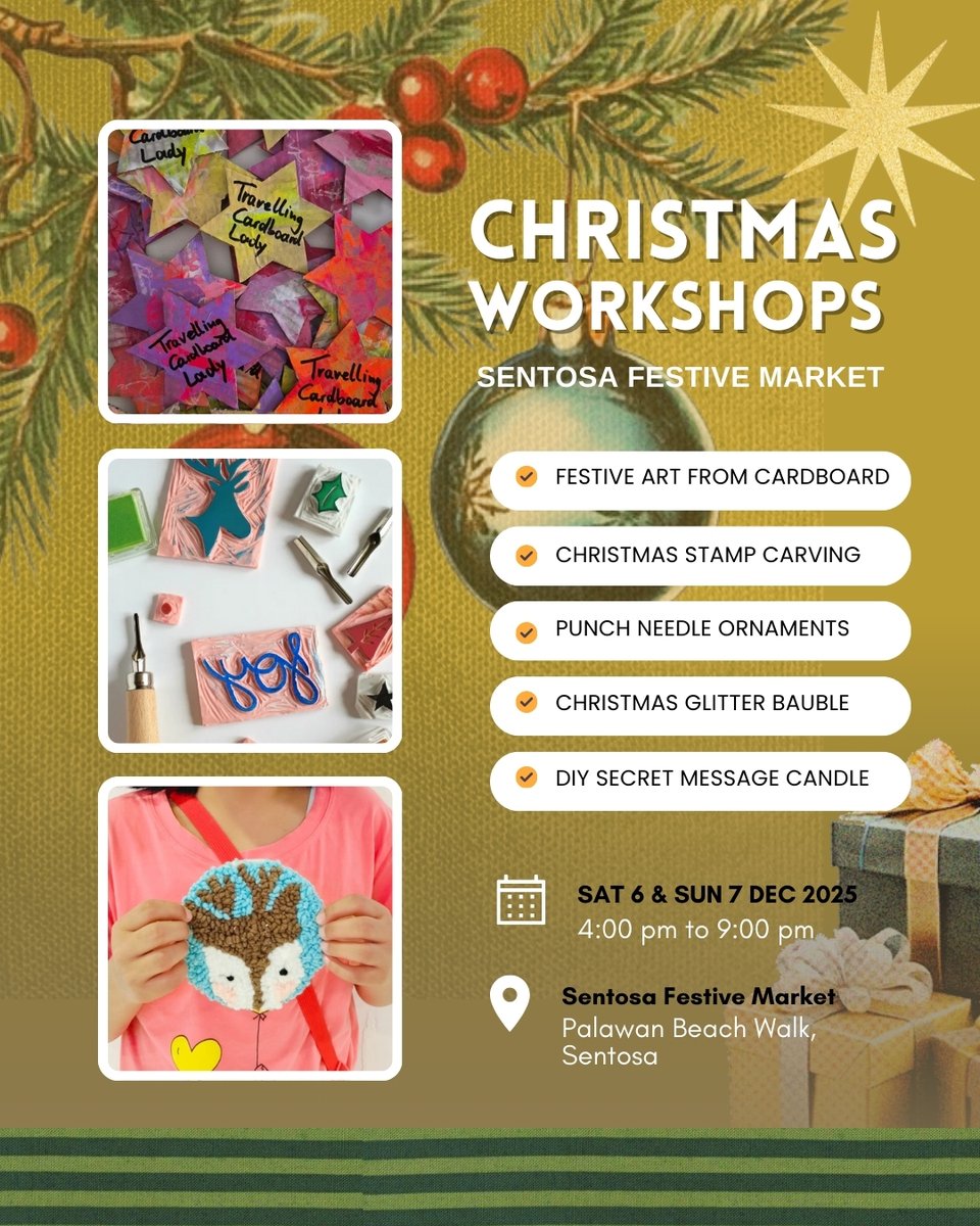 expat_sg's tweet photo. 🎄✨ Ready to get crafty this Christmas? ✨🎄
Our festive workshops are happening this weekend at Sentosa Festive Market – Made to Gift, and everyone’s invited to create something magical!

https://t.co/rKZ5kHXE0x https://t.co/kBpkxUF80m
