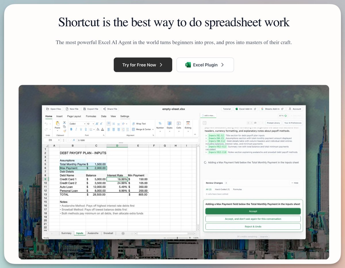 Shortcut : Un agent d'IA pour Excel.
Ce scénario répond à un besoin fondamental, et ils fournissent également un plugi