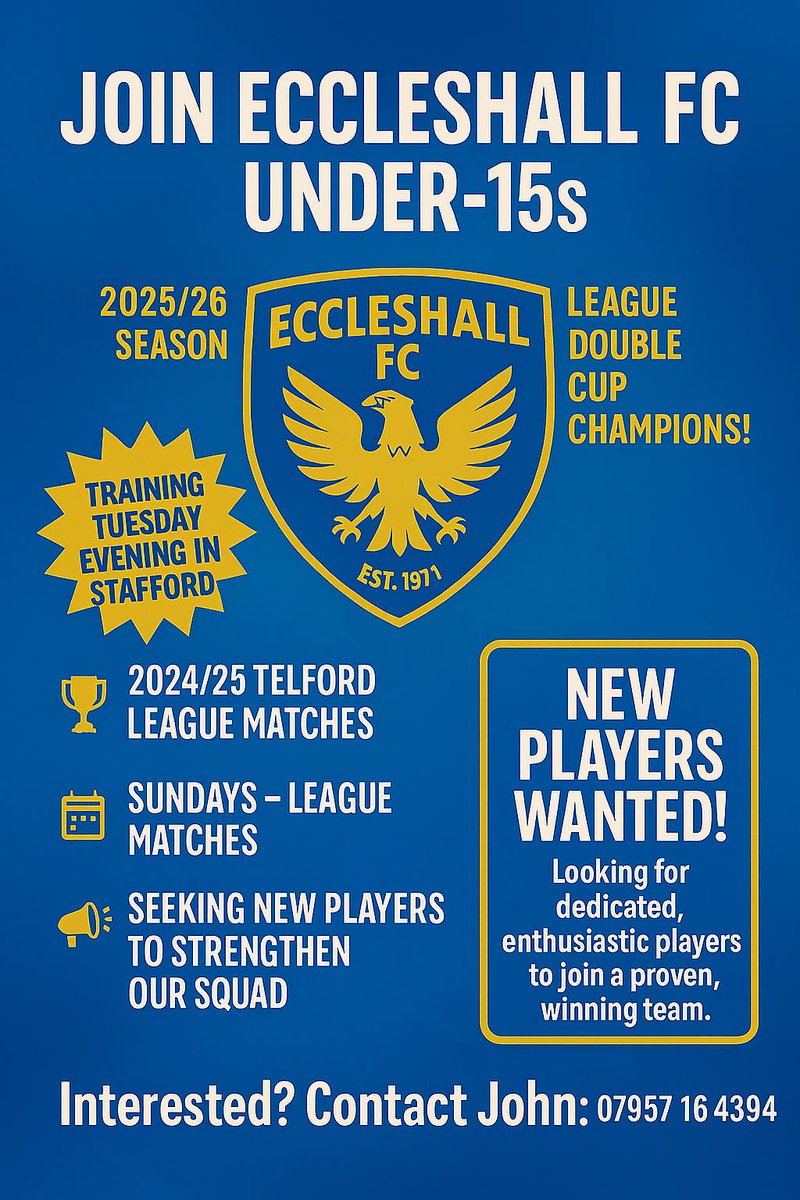 <a href="/EccleshallFC/">Eccleshall FC</a> <a href="/TelfordLeague/">Telford Junior League</a> <a href="/BBCRadioStoke/">BBC Stoke & Staffordshire</a> <a href="/StaffordshireCC/">Staffordshire County Council</a>