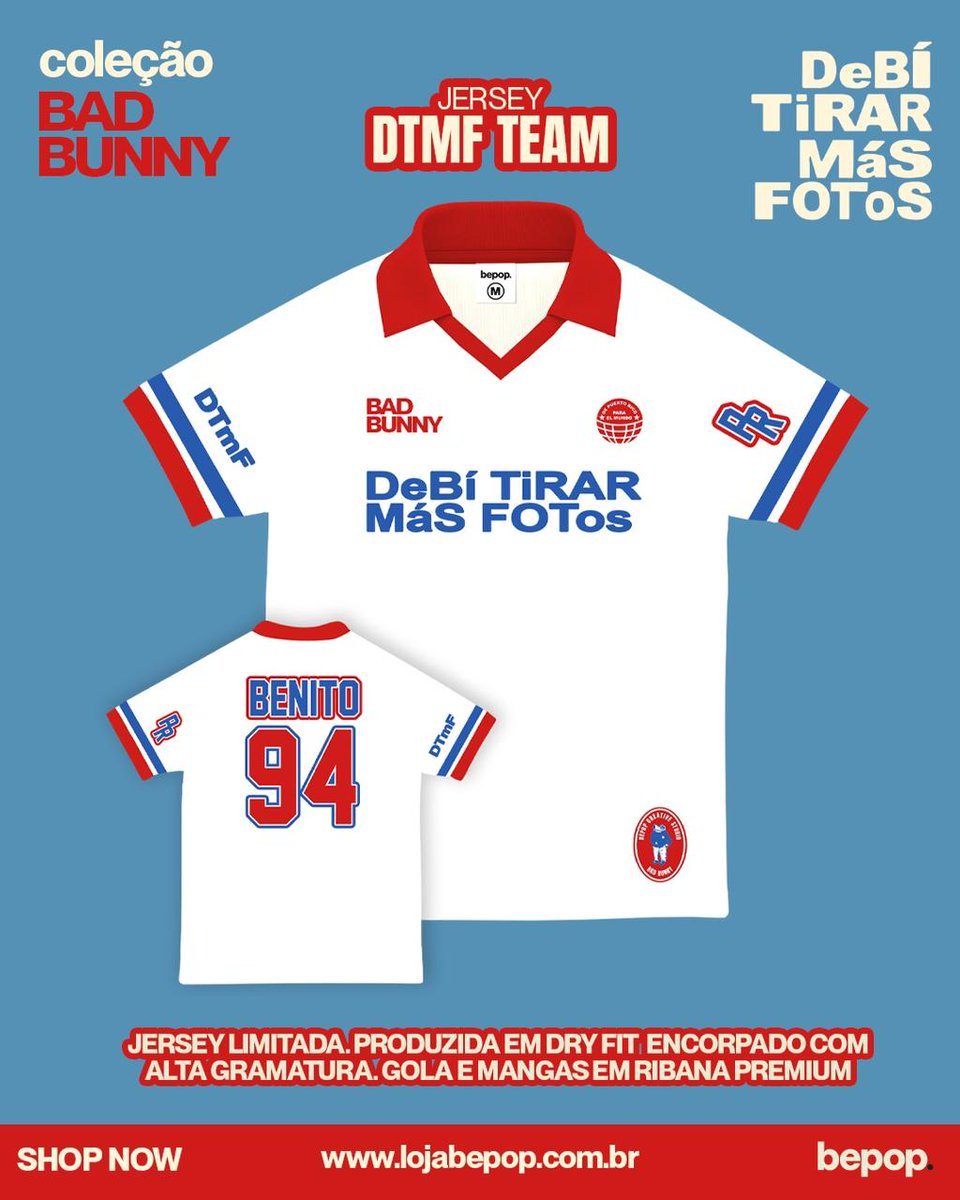 Em parceria com a BEPOP, o Bad Bunny Brasil apresenta o lançamento de produtos EXCLUSIVOS inspirados no Bad Bunny.

🎟️ Garanta o seu com 10% de desconto usando o cupom BADBUNNYBR , válido para toda a coleção e para qualquer item do site.