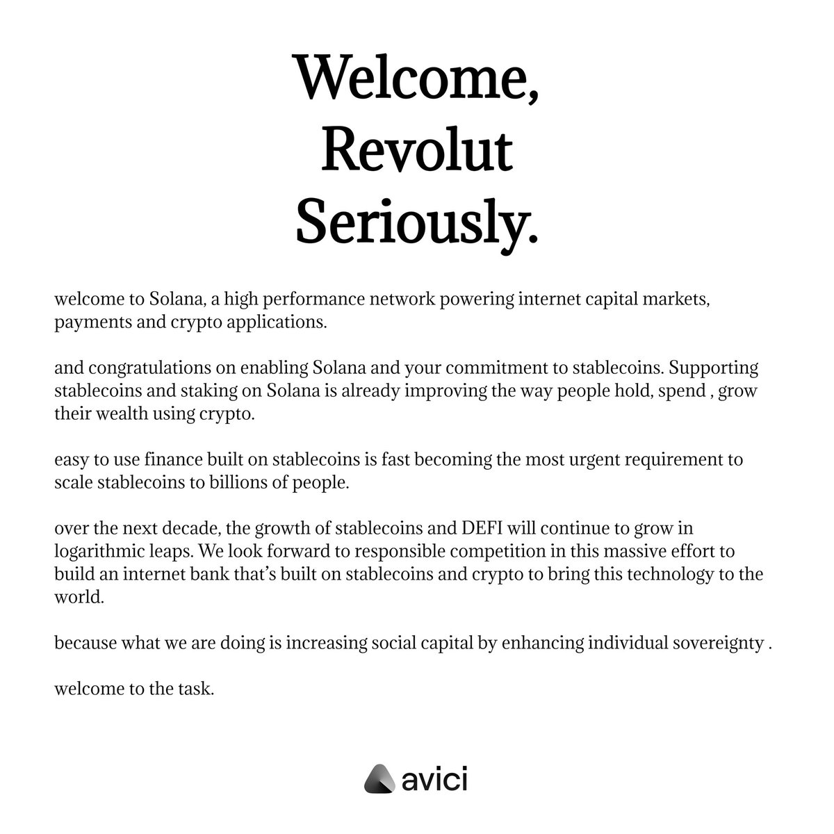 Avici 欢迎 Revolut 加入 Solana：稳定币金融的革命