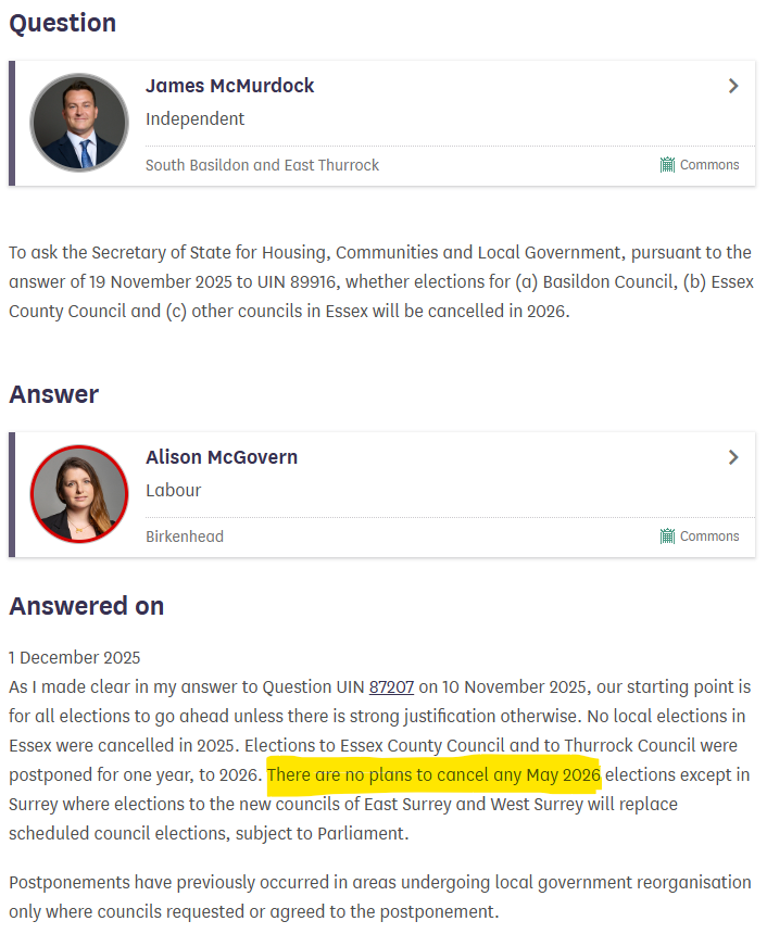 My office has been pressing for more details on the shocking and calamitous last minute decision by Labour to cancel the mayoral elections. 

Just a few days ago the minister confirmed 
"THERE ARE NO PLANS TO CANCEL ANY MAY 2026 ELECTIONS". 

What changed? Here's a guess