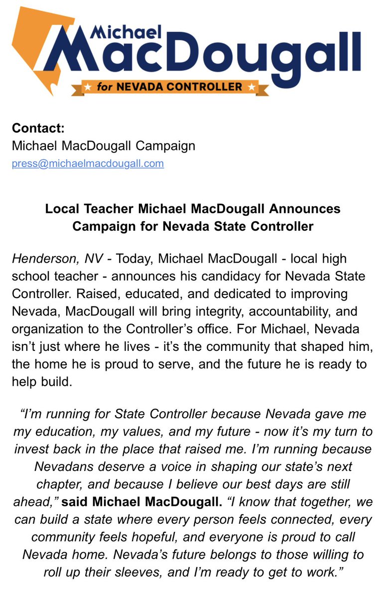 tabitha_mueller's tweet photo. Inbox: Democrat Michael MacDougall announced he is running for state controller. 

MacDougall is a high school teacher and the first Democrat to announce a bid for the seat this cycle.

The seat is held by Republican Andy Matthews, who is running for reelection. https://t.co/CE4hlHWSjV