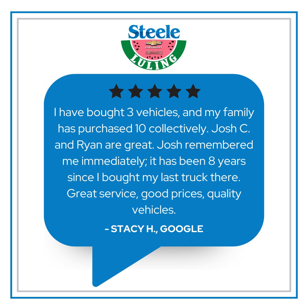 LulingChevrolet's tweet image. Stacy, thank you for the wonderful feedback! We truly appreciate your loyalty and your family's trust in us, and we look forward to serving you again.