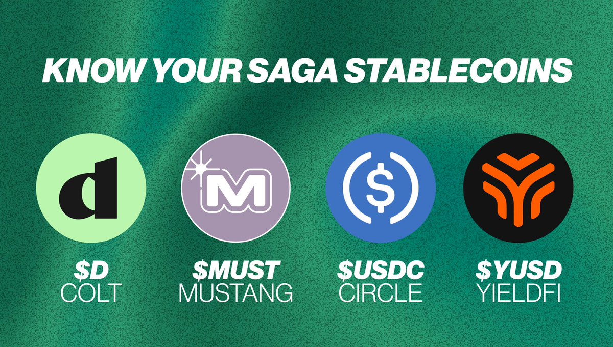 Core stablecoins shaping Velocity DeFi on Saga: $D (<a href="/ColtProtocol/">Colt</a>), $MUST (<a href="/mustangfinance/">Mustang Finance</a>), $USDC (Circle), $YUSD (<a href="/GetYieldFi/">YieldFi</a>).

Collateral, credit, liquidity, and yield, all in one ecosystem.

Start earning → sagayield.com