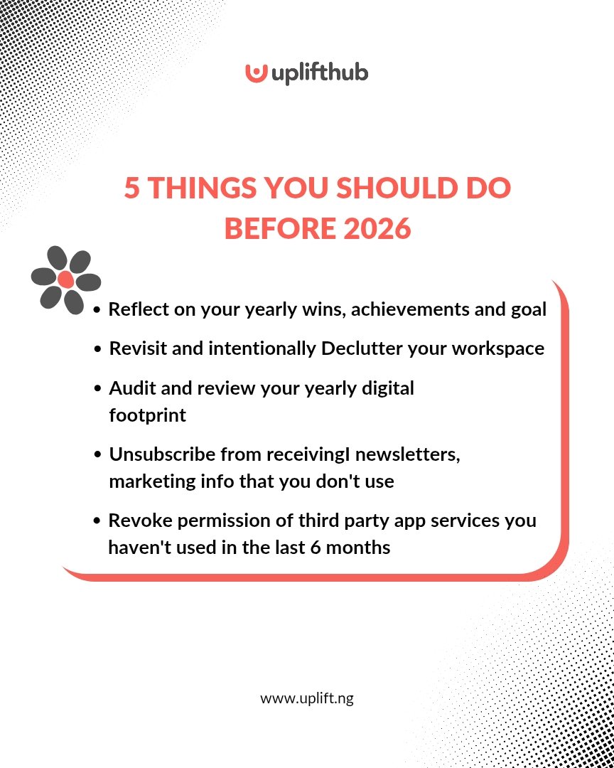 uplifthubng's tweet image. 2026 just got closer !

These 5 important actions will help to reflect, reorganize, reset and declutter your mind, physical work environment desk, and also your digital lifestyle.

Which one of them are you doing first?

#Uplifthub
#TechTips
#LifeHacks