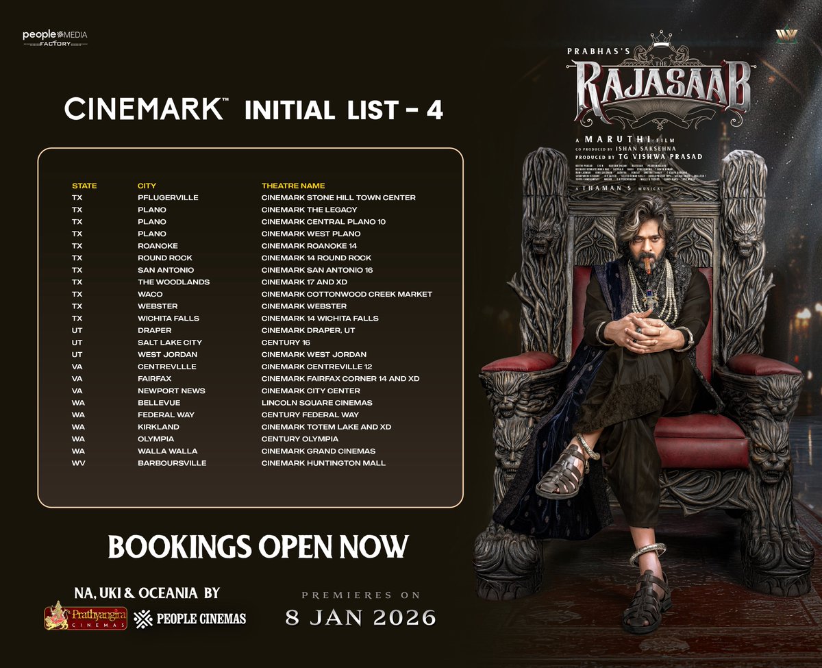 Here’s the #TheRajaSaab <a href="/Cinemark/">Cinemark Theatres</a> initial theatres list 💥💥

INDIA’s BIGGEST HORROR FANTASY will stun you all with Premieres on JAN 8th 🔥🔥

NA, UKI, Oceania region Release by <a href="/PrathyangiraUS/">Prathyangira Cinemas</a> <a href="/people_cinemas/">People Cinemas</a> 

#Prabhas <a href="/DirectorMaruthi/">Director Maruthi</a> <a href="/peoplemediafcy/">People Media Factory</a> <a href="/rajasaabmovie/">The RajaSaab</a>