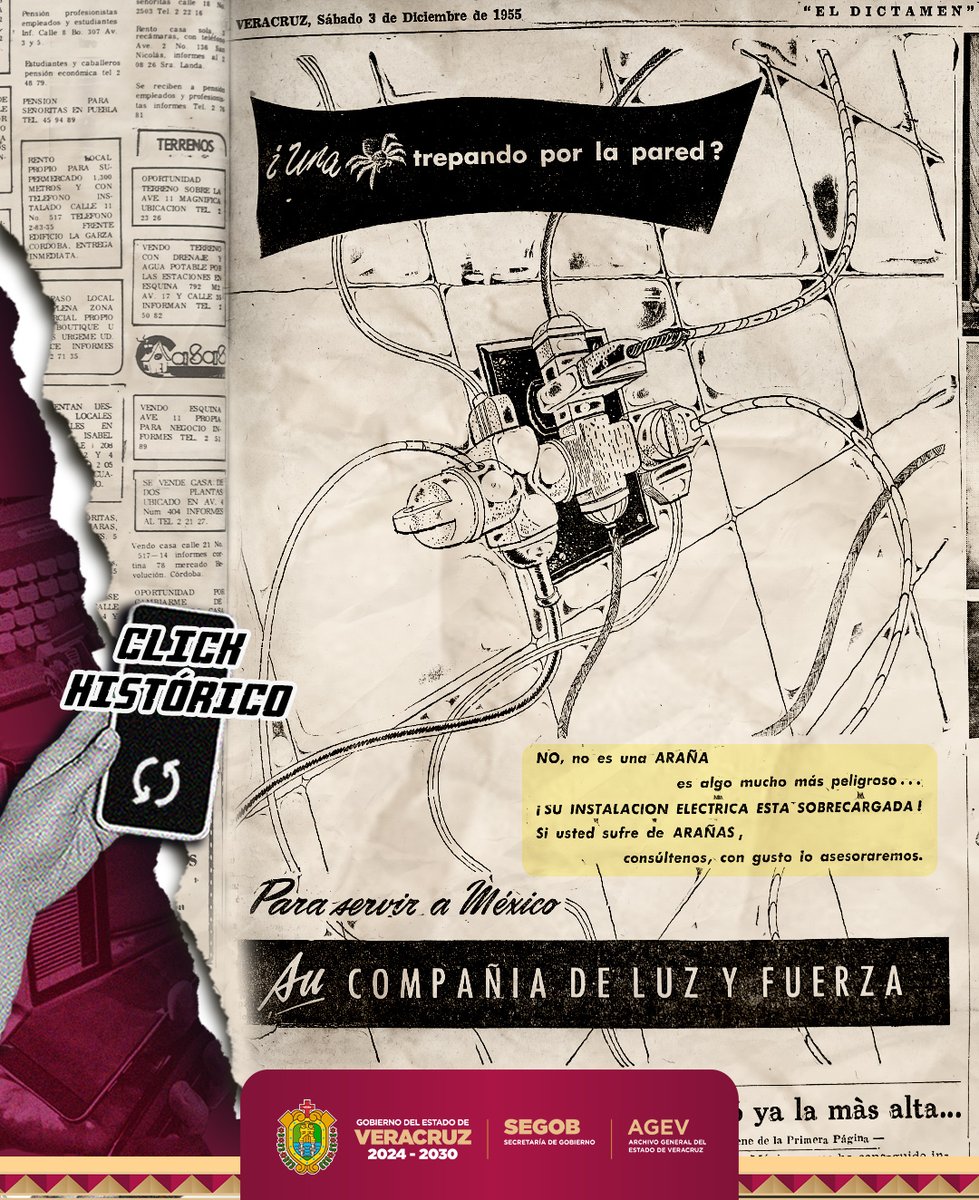 “¿Una araña trepando por la pared? NO, no es una araña… es algo más peligroso: su instalación eléctrica está sobrecargada. Si usted sufre de ‘arañas’, consúltenos, con gusto lo asesoramos.”

#ClickHistórico #PublicidadRetro #SeguridadEléctrica #HemerotecaAGEV