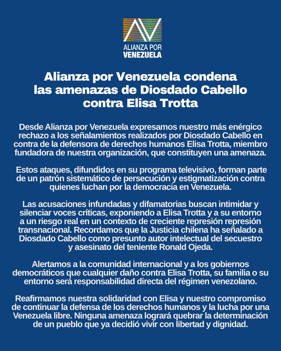 Expresamos nuestro rechazo a los señalamientos realizados por Diosdado Cabello en contra de la defensora de DDHH <a href="/EliTrotta/">Elisa Trotta</a>.

Estos ataques forman parte de un patrón sistemático de persecución y estigmatización contra quienes luchan por la democracia. buff.ly/wyyByKQ