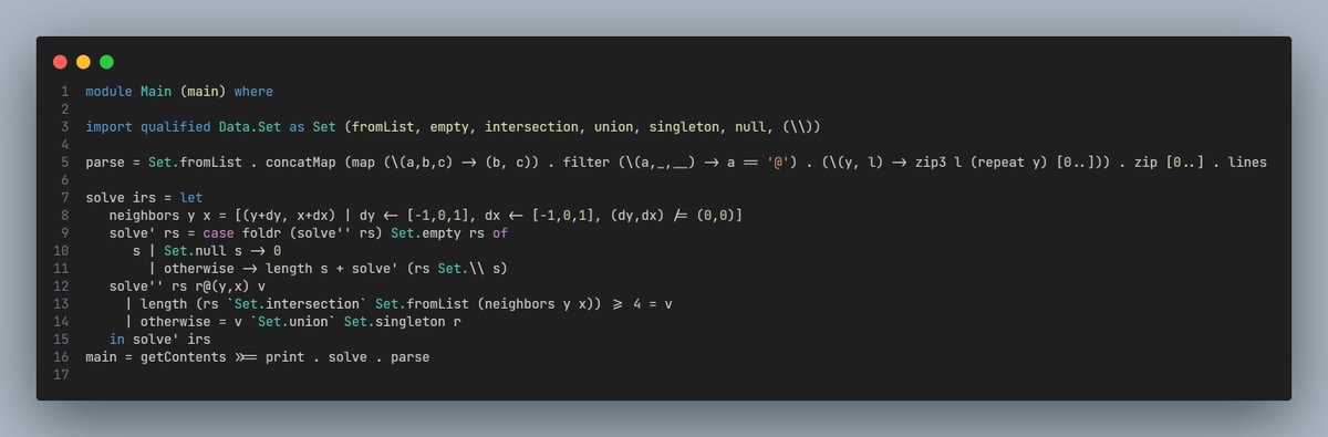 mehdidotcafe's tweet image. Haskell Advent of code Day 4 Completed ✅

Storing paper rolls under a Set made part 2 so easy 👌🏻

 github.com/mehdidotcafe/a… 

#AdventOfCode #Haskell #functionalprogramming