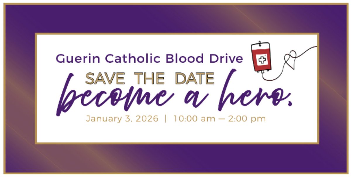NEXT BLOOD DRIVE at Guerin Catholic on Sat., 1/3/26 from 10AM - 2PM in front of the school (Blood Mobile). Food giveaways from Raising Cane's Chicken, Penn Station, Torchy's Tacos. Please prayerfully consider donating. donateblood.versiti.org/donor/schedule… <a href="/GCHSTheMax/">GCHS Media</a> <a href="/GCHSFineArts/">Guerin Catholic Fine Arts</a> <a href="/GCAlumni/">Guerin Catholic Alumni</a>