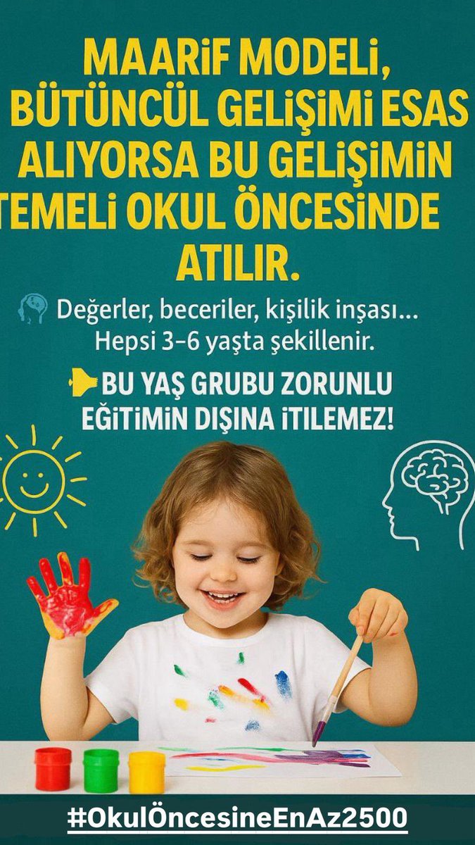 Okul öncesi dönem, çocukların zihinsel, sosyal ve duygusal gelişimlerinin temelini oluşturur. Bu kritik dönemi uzman öğretmenlerle desteklemek şarttır.
#OkulÖncesineEnAz2500
<a href="/EmineErdogan/">Emine Erdoğan</a>  <a href="/Yusuf__Tekin/">Yusuf Tekin</a> <a href="/RTErdogan/">Recep Tayyip Erdoğan</a> <a href="/eczozgurozel/">Özgür Özel</a>