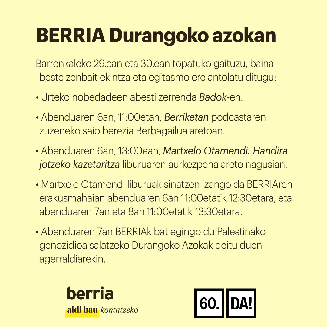 📚 BERRIAren agendak, egutegia, Aleka bilduma eta misterio jolasak izango dira salgai <a href="/durangokoazoka/">Durangoko Azoka</a>|n. 🏡 Bi lagunentzako bost egonaldiren zozketan parte hartzeko aukera ere izango da, Nekaturreko edozein landetxetan baliatzeko. Barrenkaleko 29.ean eta 30.ean izango gaituzue